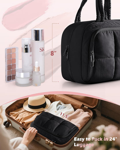 Travel Makeup Bag for Women, Puffy Cosmetics & Toiletry Organizer with Leakproof Pockets for Travel-Size Shampoo, Conditioner, Brushes & Essentials - Medium Size, Pink (Bag Only)