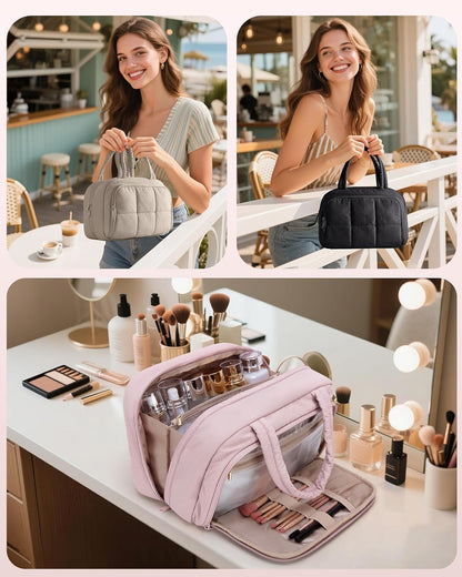 Travel Makeup Bag for Women, Puffy Cosmetics & Toiletry Organizer with Leakproof Pockets for Travel-Size Shampoo, Conditioner, Brushes & Essentials - Medium Size, Pink (Bag Only)