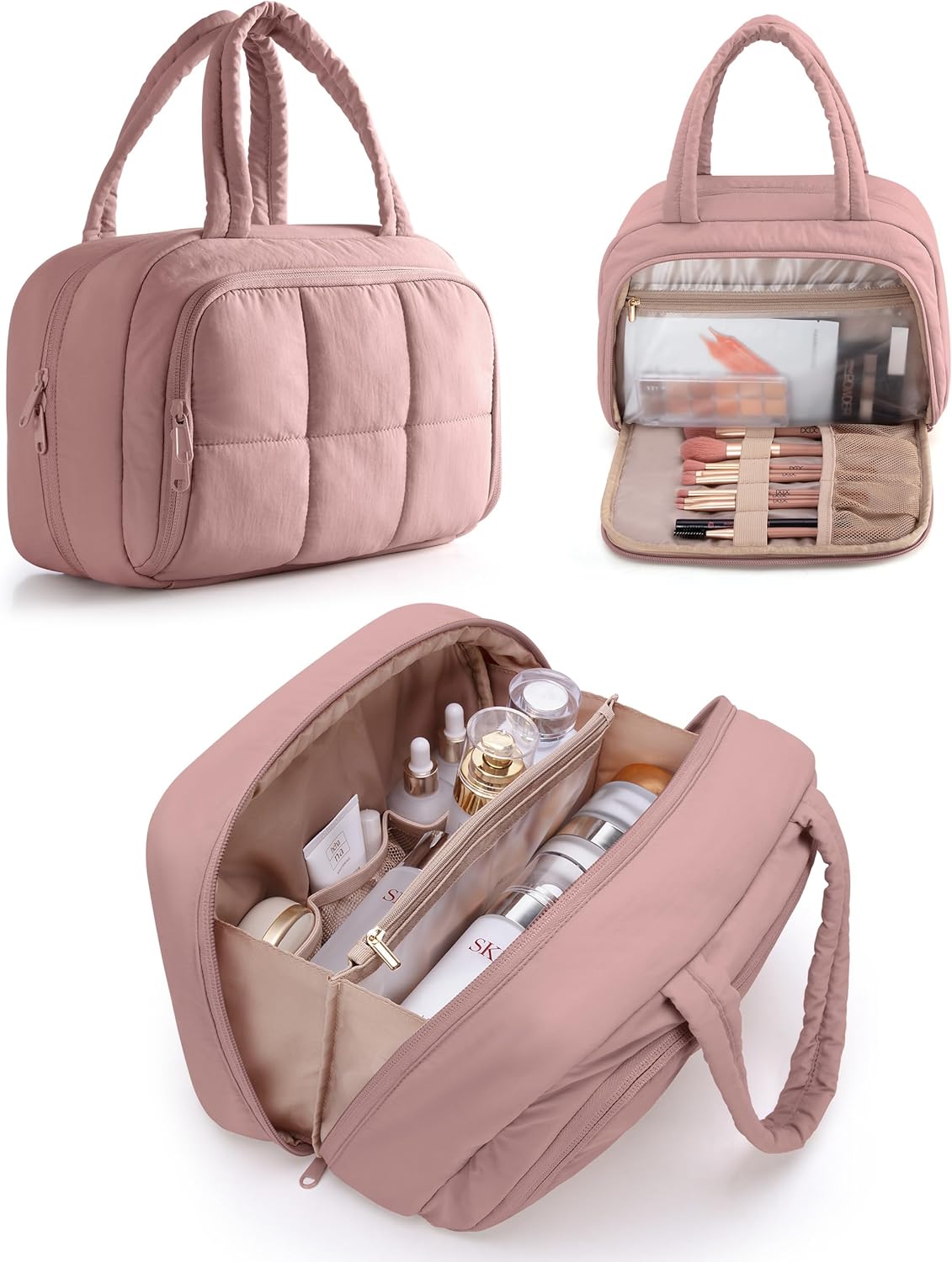 Travel Makeup Bag for Women, Puffy Cosmetics & Toiletry Organizer with Leakproof Pockets for Travel-Size Shampoo, Conditioner, Brushes & Essentials - Medium Size, Pink (Bag Only)
