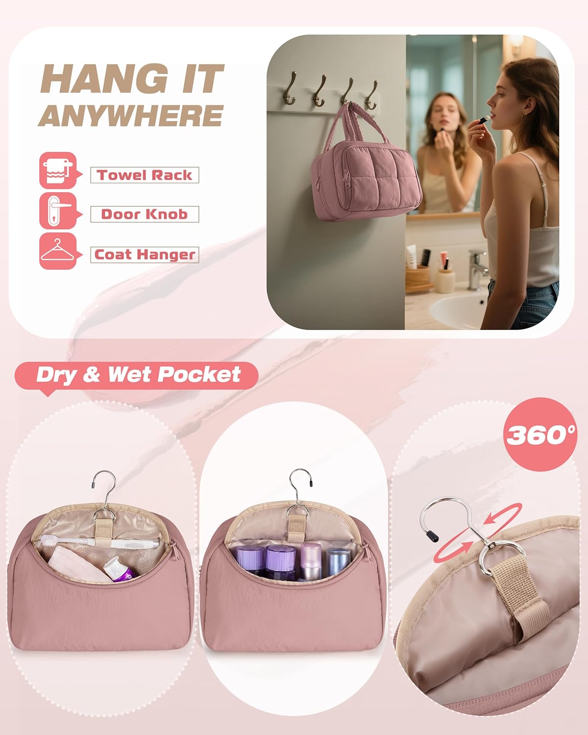 Travel Makeup Bag for Women, Puffy Cosmetics & Toiletry Organizer with Leakproof Pockets for Travel-Size Shampoo, Conditioner, Brushes & Essentials - Medium Size, Pink (Bag Only)