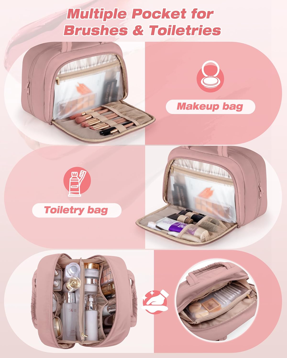 Travel Makeup Bag for Women, Puffy Cosmetics & Toiletry Organizer with Leakproof Pockets for Travel-Size Shampoo, Conditioner, Brushes & Essentials - Medium Size, Pink (Bag Only)