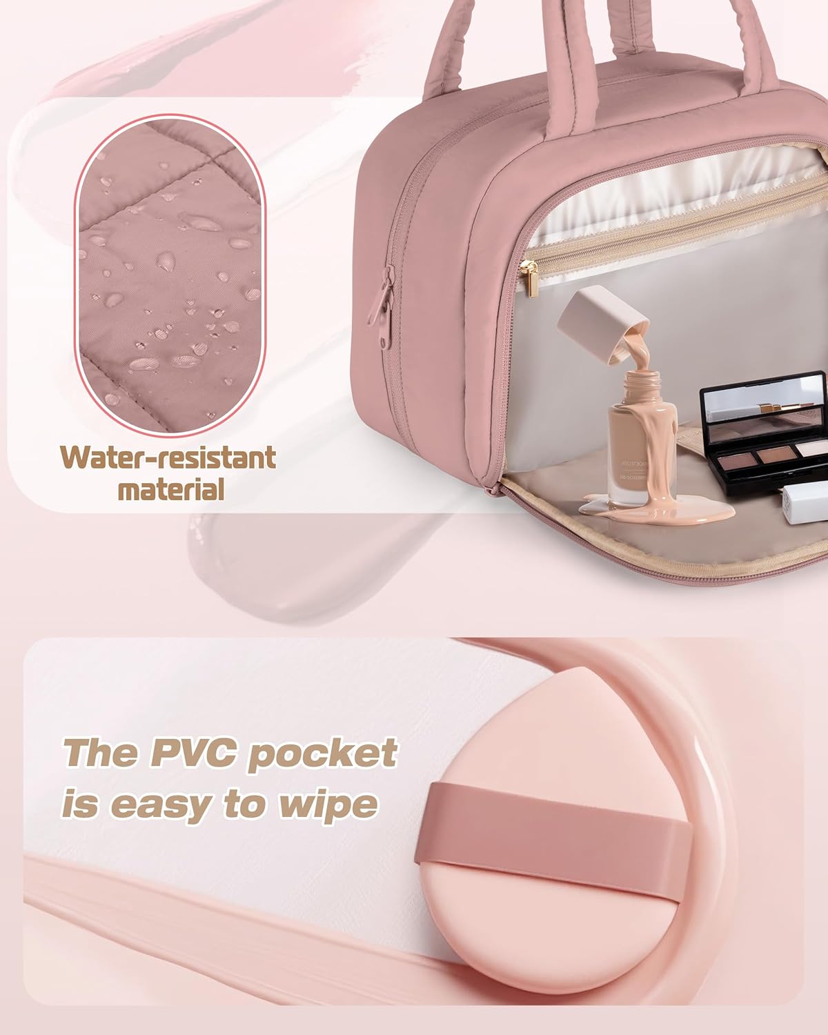 Travel Makeup Bag for Women, Puffy Cosmetics & Toiletry Organizer with Leakproof Pockets for Travel-Size Shampoo, Conditioner, Brushes & Essentials - Medium Size, Pink (Bag Only)