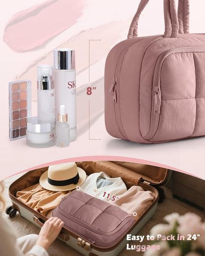 Travel Makeup Bag for Women, Puffy Cosmetics & Toiletry Organizer with Leakproof Pockets for Travel-Size Shampoo, Conditioner, Brushes & Essentials - Medium Size, Pink (Bag Only)
