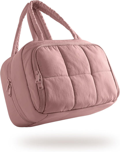 Travel Makeup Bag for Women, Puffy Cosmetics & Toiletry Organizer with Leakproof Pockets for Travel-Size Shampoo, Conditioner, Brushes & Essentials - Medium Size, Pink (Bag Only)