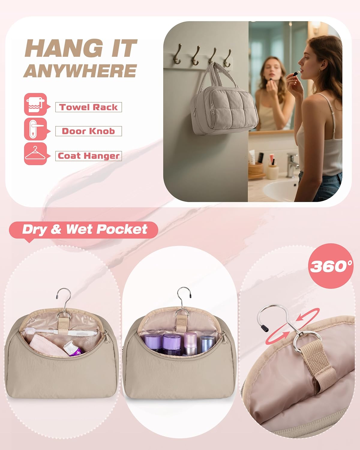 Travel Makeup Bag for Women, Puffy Cosmetics & Toiletry Organizer with Leakproof Pockets for Travel-Size Shampoo, Conditioner, Brushes & Essentials - Medium Size, Pink (Bag Only)