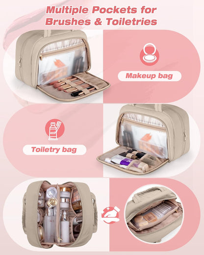 Travel Makeup Bag for Women, Puffy Cosmetics & Toiletry Organizer with Leakproof Pockets for Travel-Size Shampoo, Conditioner, Brushes & Essentials - Medium Size, Pink (Bag Only)