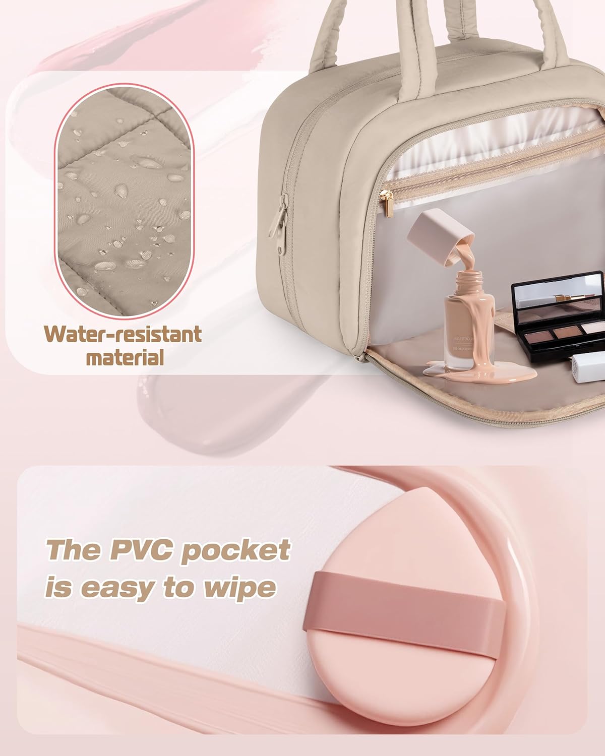 Travel Makeup Bag for Women, Puffy Cosmetics & Toiletry Organizer with Leakproof Pockets for Travel-Size Shampoo, Conditioner, Brushes & Essentials - Medium Size, Pink (Bag Only)
