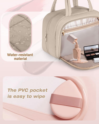 Travel Makeup Bag for Women, Puffy Cosmetics & Toiletry Organizer with Leakproof Pockets for Travel-Size Shampoo, Conditioner, Brushes & Essentials - Medium Size, Pink (Bag Only)