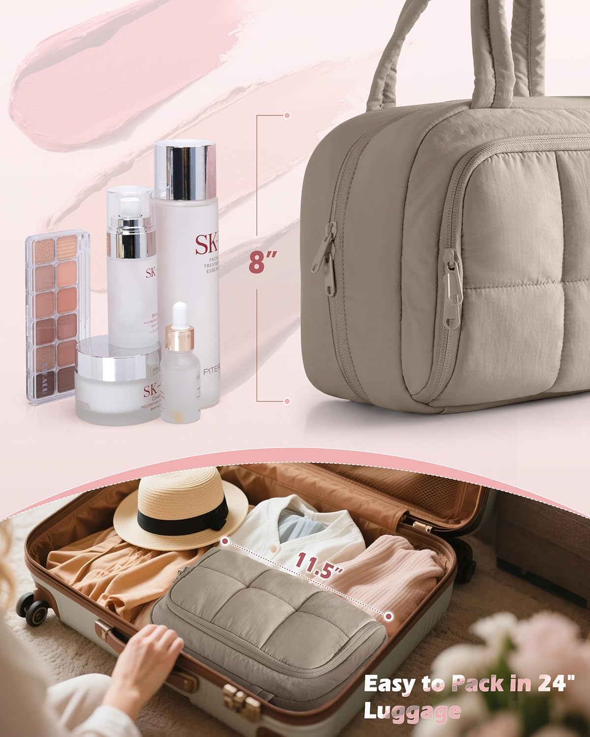Travel Makeup Bag for Women, Puffy Cosmetics & Toiletry Organizer with Leakproof Pockets for Travel-Size Shampoo, Conditioner, Brushes & Essentials - Medium Size, Pink (Bag Only)
