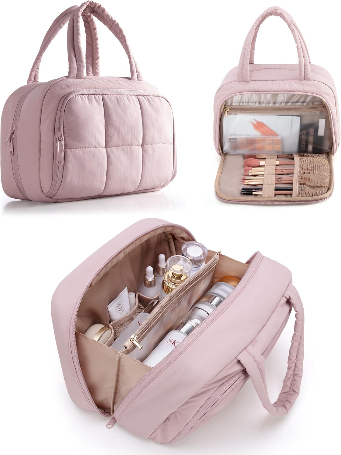 Travel Makeup Bag for Women, Puffy Cosmetics & Toiletry Organizer with Leakproof Pockets for Travel-Size Shampoo, Conditioner, Brushes & Essentials - Medium Size, Pink (Bag Only)