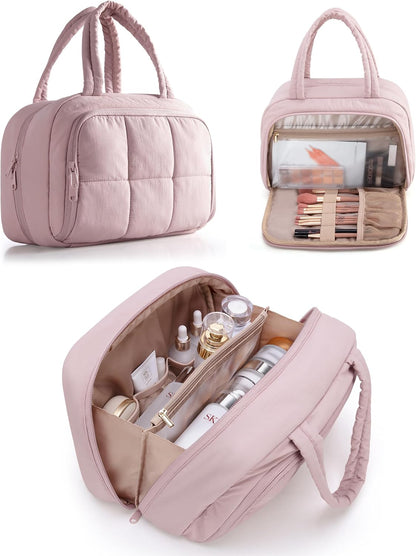 Travel Makeup Bag for Women, Puffy Cosmetics & Toiletry Organizer with Leakproof Pockets for Travel-Size Shampoo, Conditioner, Brushes & Essentials - Medium Size, Pink (Bag Only)