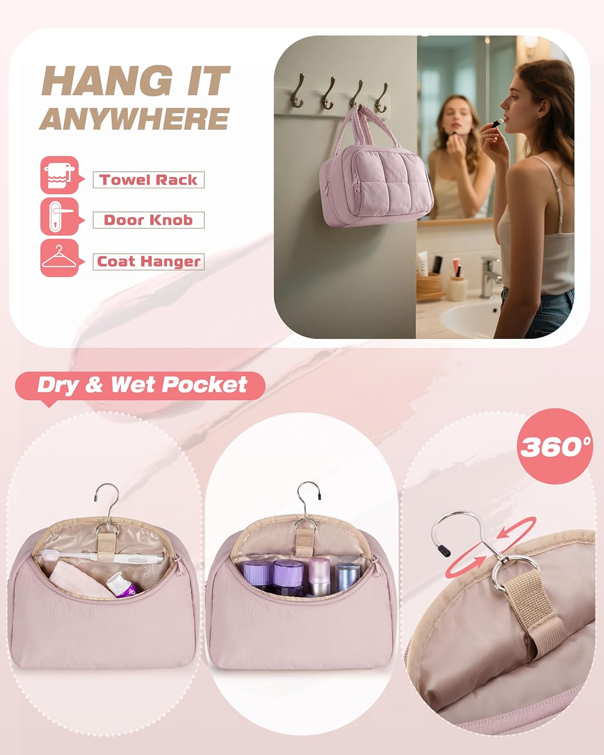 Travel Makeup Bag for Women, Puffy Cosmetics & Toiletry Organizer with Leakproof Pockets for Travel-Size Shampoo, Conditioner, Brushes & Essentials - Medium Size, Pink (Bag Only)