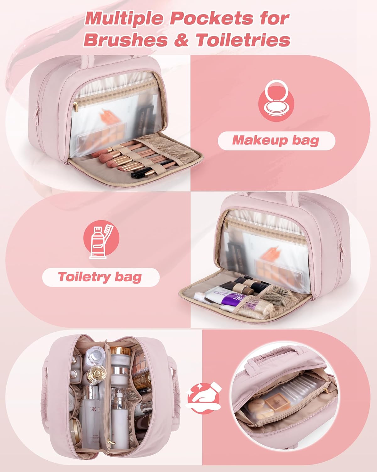 Travel Makeup Bag for Women, Puffy Cosmetics & Toiletry Organizer with Leakproof Pockets for Travel-Size Shampoo, Conditioner, Brushes & Essentials - Medium Size, Pink (Bag Only)
