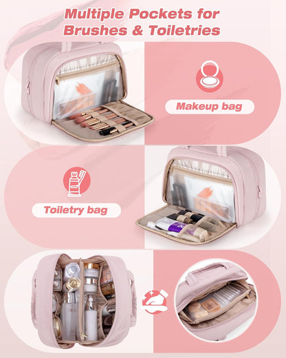 Travel Makeup Bag for Women, Puffy Cosmetics & Toiletry Organizer with Leakproof Pockets for Travel-Size Shampoo, Conditioner, Brushes & Essentials - Medium Size, Pink (Bag Only)