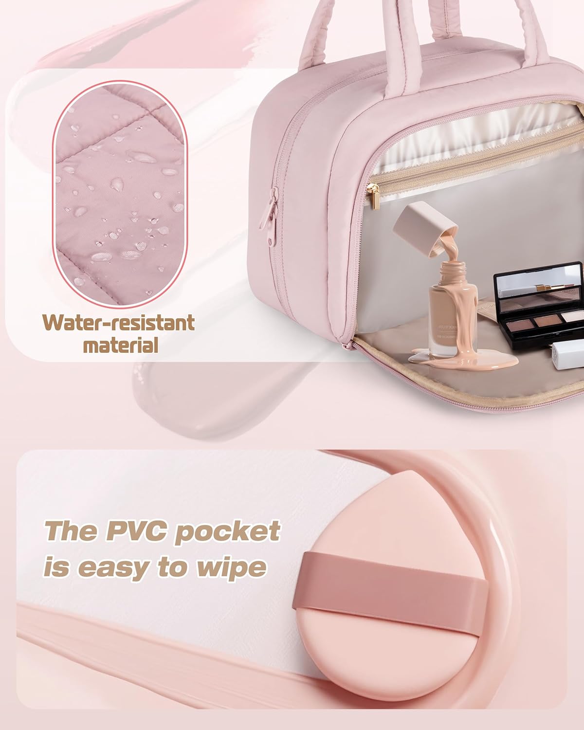 Travel Makeup Bag for Women, Puffy Cosmetics & Toiletry Organizer with Leakproof Pockets for Travel-Size Shampoo, Conditioner, Brushes & Essentials - Medium Size, Pink (Bag Only)
