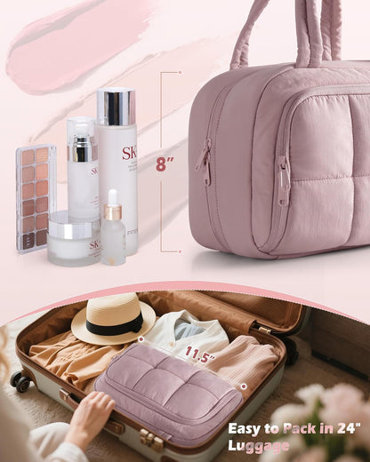 Travel Makeup Bag for Women, Puffy Cosmetics & Toiletry Organizer with Leakproof Pockets for Travel-Size Shampoo, Conditioner, Brushes & Essentials - Medium Size, Pink (Bag Only)
