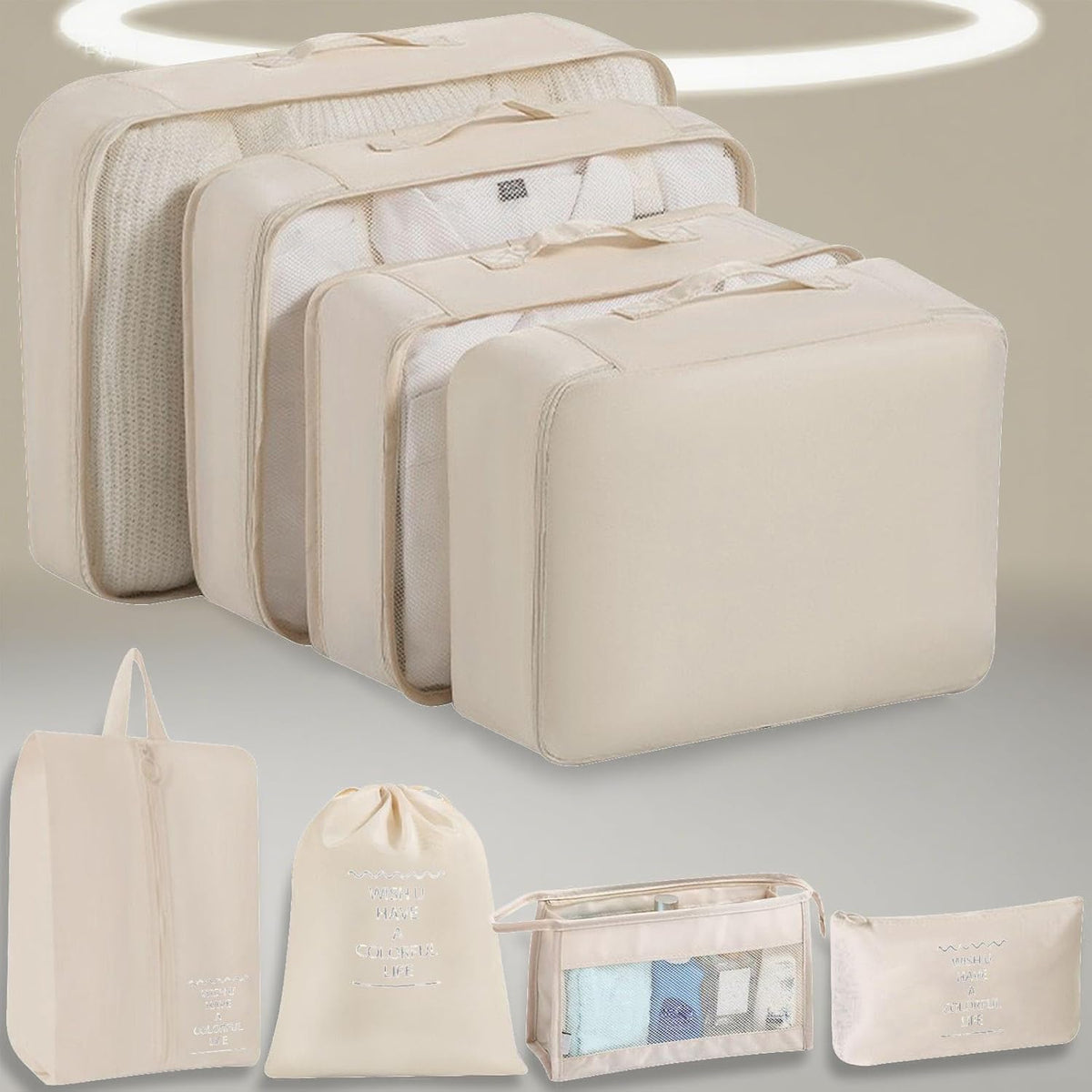 Packing Cubes 8 Set Travel Essentials for Carry on Luggage Organizers Bag Packing Cubes for Suitcases Travel Accessories (Beige)