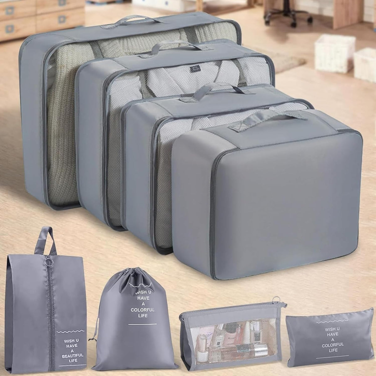 Packing Cubes 8 Set Travel Essentials for Carry on Luggage Organizers Bag Packing Cubes for Suitcases Travel Accessories (Beige)