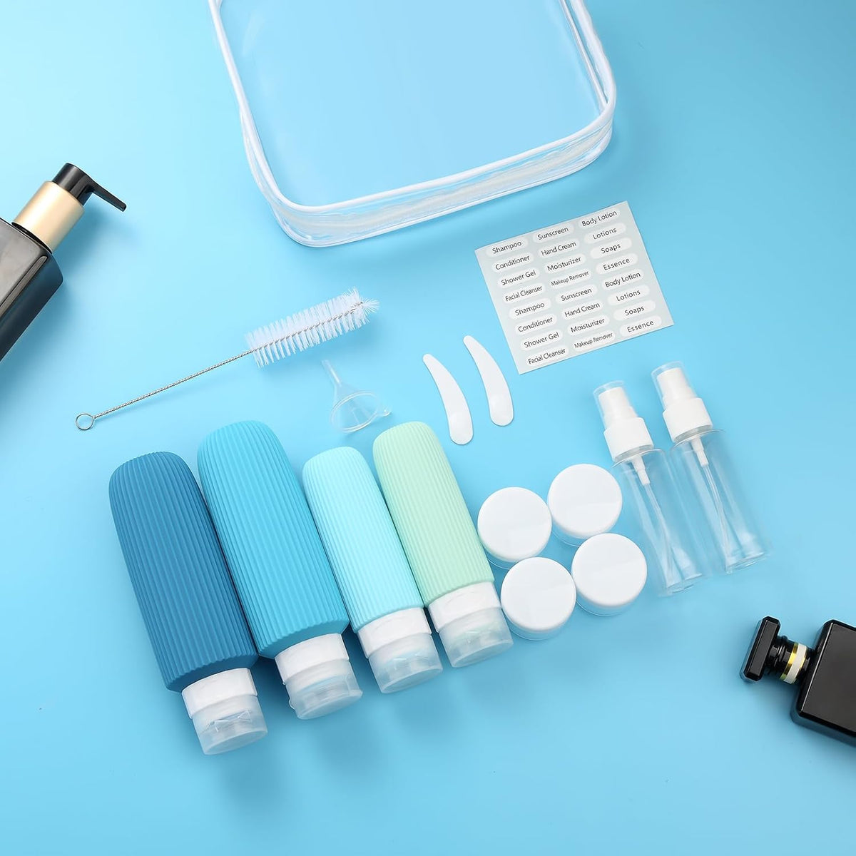 16 Pack Travel Bottles Set, TSA Approved Leak Proof Silicone Squeezable Containers for Toiletries, Refillable Travel Accessories for Conditioner, Shampoo, Lotion & Body Wash Accessories