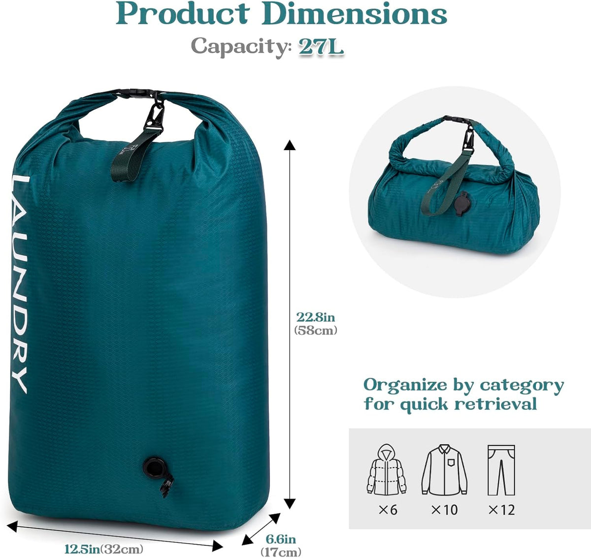 Compression Laundry Bag for Travel, Dirty Clothes Travel Laundry Bags, Waterproof Space-Saving Wet Clothes Storage Organizer, Smell Proof Laundry Bag Camping, Clothing, Swimming, Yoga, Gym