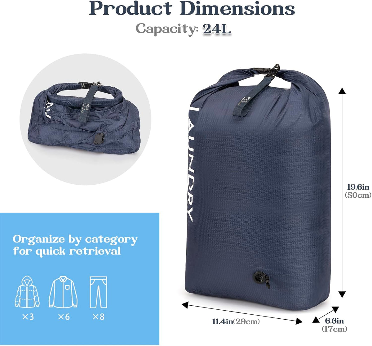 Compression Laundry Bag for Travel, Dirty Clothes Travel Laundry Bags, Waterproof Space-Saving Wet Clothes Storage Organizer, Smell Proof Laundry Bag Camping, Clothing, Swimming, Yoga, Gym