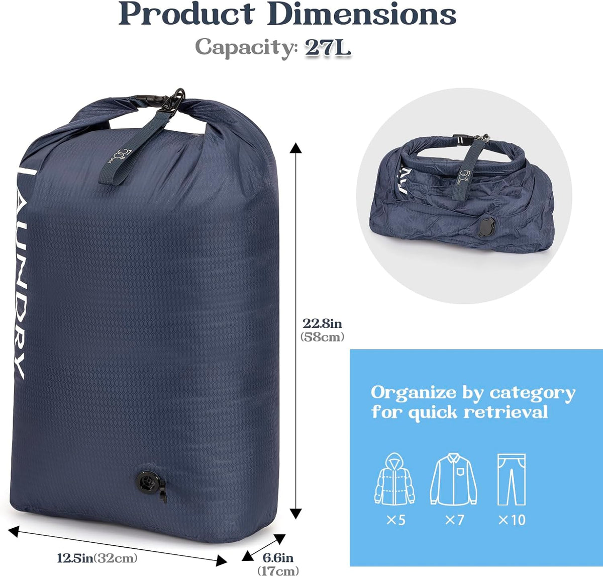 Compression Laundry Bag for Travel, Dirty Clothes Travel Laundry Bags, Waterproof Space-Saving Wet Clothes Storage Organizer, Smell Proof Laundry Bag Camping, Clothing, Swimming, Yoga, Gym