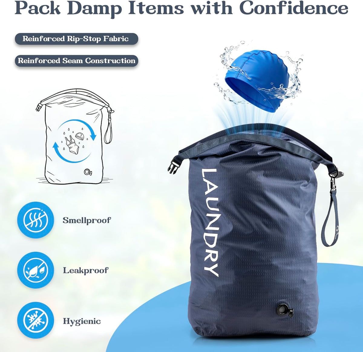 Compression Laundry Bag for Travel, Dirty Clothes Travel Laundry Bags, Waterproof Space-Saving Wet Clothes Storage Organizer, Smell Proof Laundry Bag Camping, Clothing, Swimming, Yoga, Gym