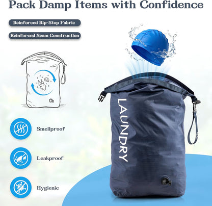 Compression Laundry Bag for Travel, Dirty Clothes Travel Laundry Bags, Waterproof Space-Saving Wet Clothes Storage Organizer, Smell Proof Laundry Bag Camping, Clothing, Swimming, Yoga, Gym