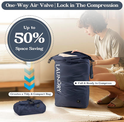 Compression Laundry Bag for Travel, Dirty Clothes Travel Laundry Bags, Waterproof Space-Saving Wet Clothes Storage Organizer, Smell Proof Laundry Bag Camping, Clothing, Swimming, Yoga, Gym