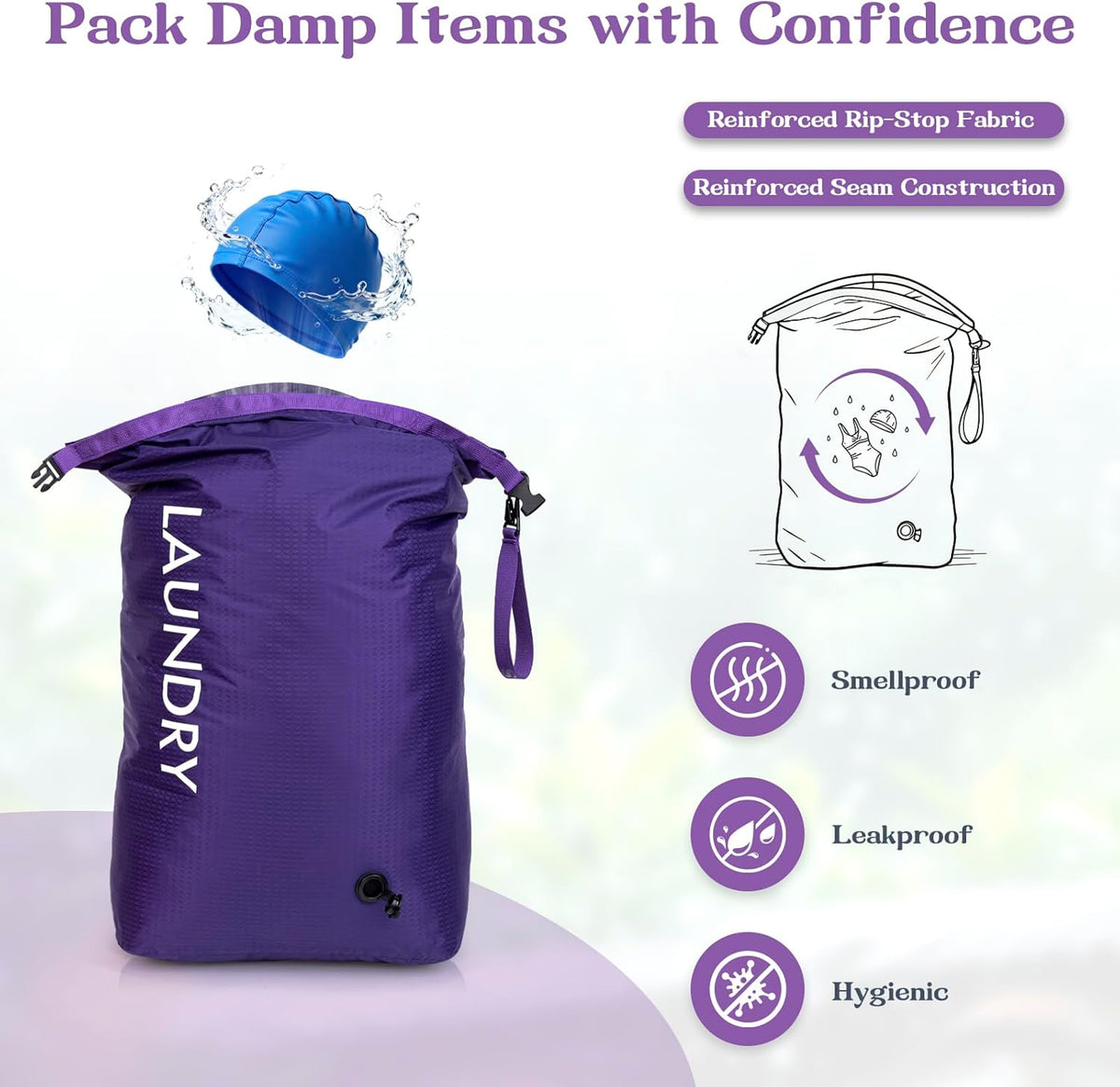 Compression Laundry Bag for Travel, Dirty Clothes Travel Laundry Bags, Waterproof Space-Saving Wet Clothes Storage Organizer, Smell Proof Laundry Bag Camping, Clothing, Swimming, Yoga, Gym
