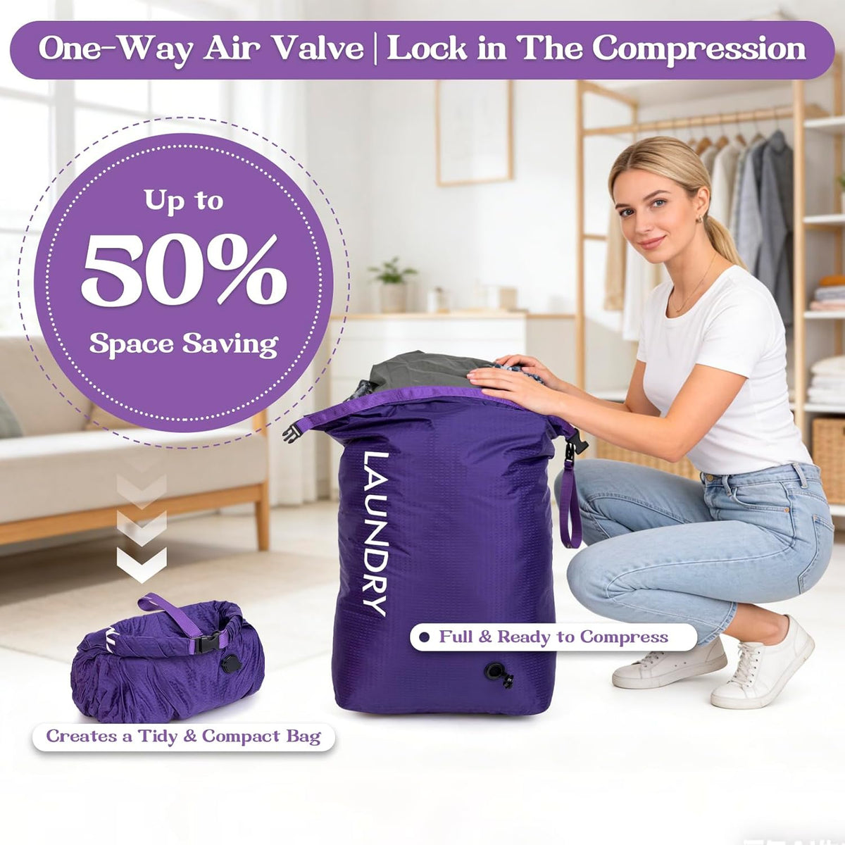 Compression Laundry Bag for Travel, Dirty Clothes Travel Laundry Bags, Waterproof Space-Saving Wet Clothes Storage Organizer, Smell Proof Laundry Bag Camping, Clothing, Swimming, Yoga, Gym