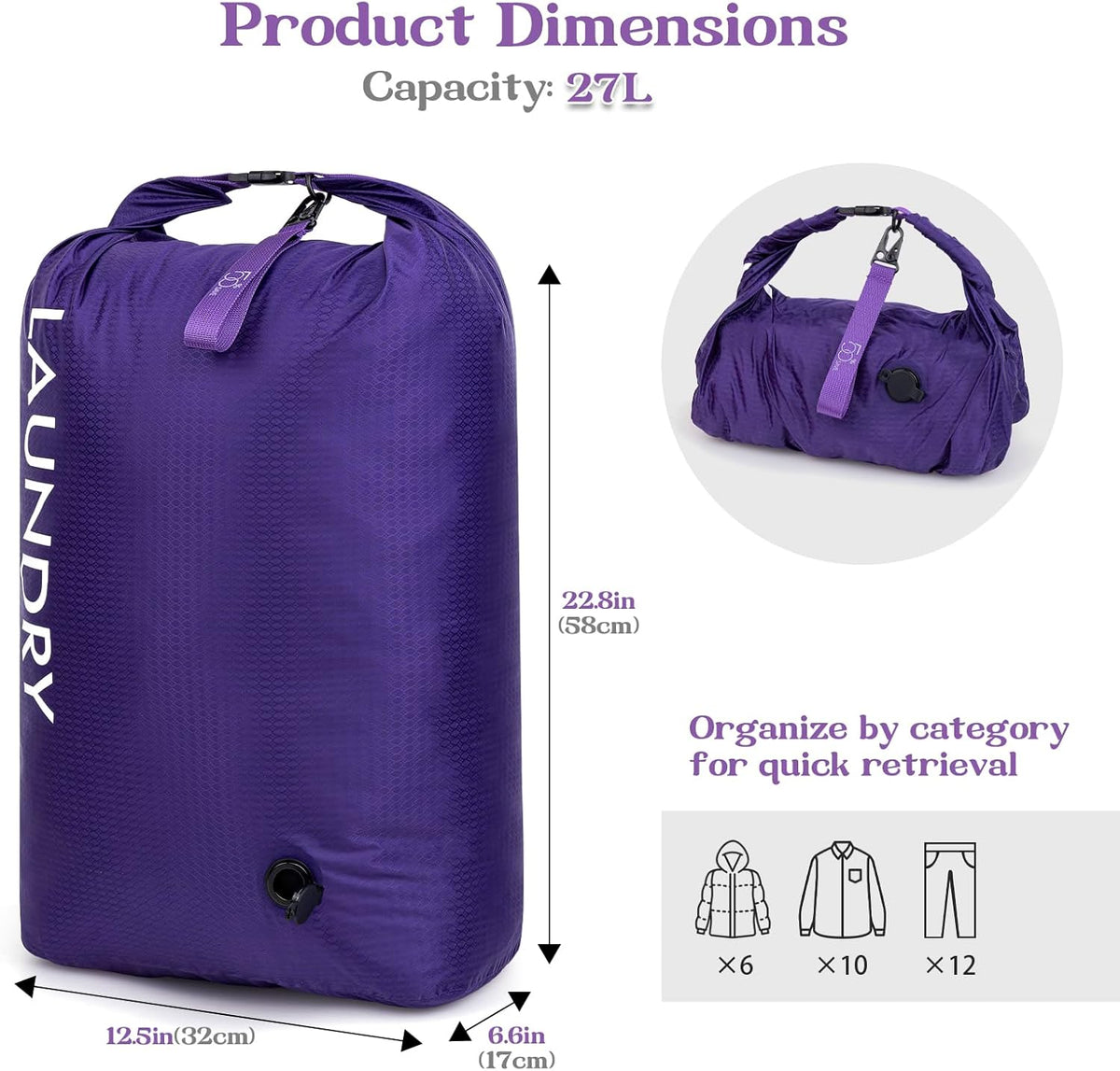 Compression Laundry Bag for Travel, Dirty Clothes Travel Laundry Bags, Waterproof Space-Saving Wet Clothes Storage Organizer, Smell Proof Laundry Bag Camping, Clothing, Swimming, Yoga, Gym