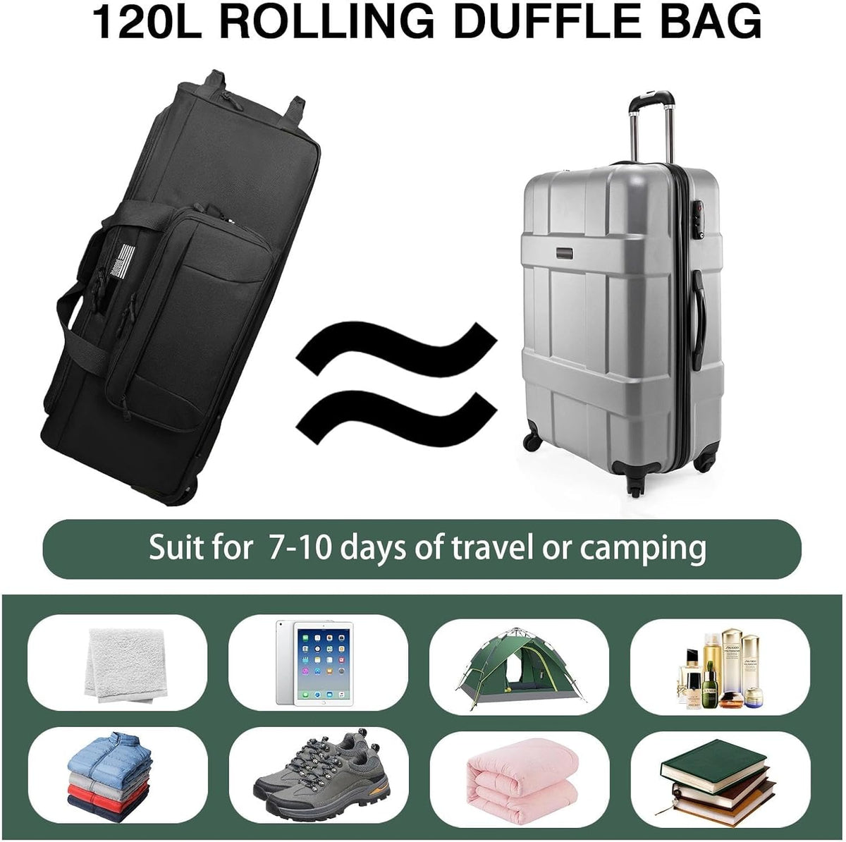 120L Rolling Duffle Bag with Wheels, Large Deployment Military Bag, Wheeled Heavy Duty Luggage for Travel, Camping