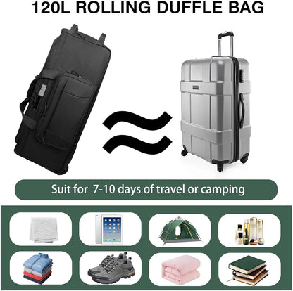 120L Rolling Duffle Bag with Wheels, Large Deployment Military Bag, Wheeled Heavy Duty Luggage for Travel, Camping