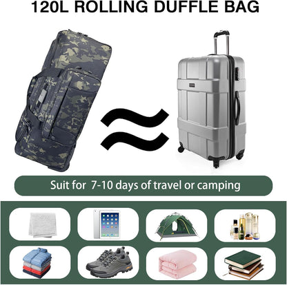 120L Rolling Duffle Bag with Wheels, Large Deployment Military Bag, Wheeled Heavy Duty Luggage for Travel, Camping