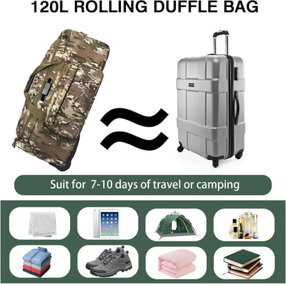 120L Rolling Duffle Bag with Wheels, Large Deployment Military Bag, Wheeled Heavy Duty Luggage for Travel, Camping