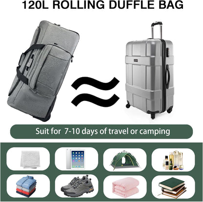 120L Rolling Duffle Bag with Wheels, Large Deployment Military Bag, Wheeled Heavy Duty Luggage for Travel, Camping