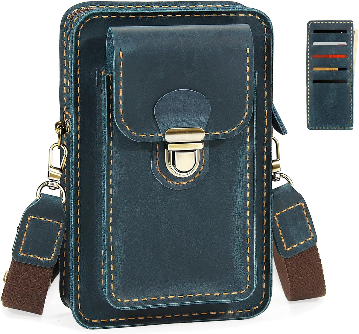 Handmade Genuine Leather Crossbody Phone Bag, Small Belt Pouch with Card Slots, Slim Phone Holster Case for Men & Women