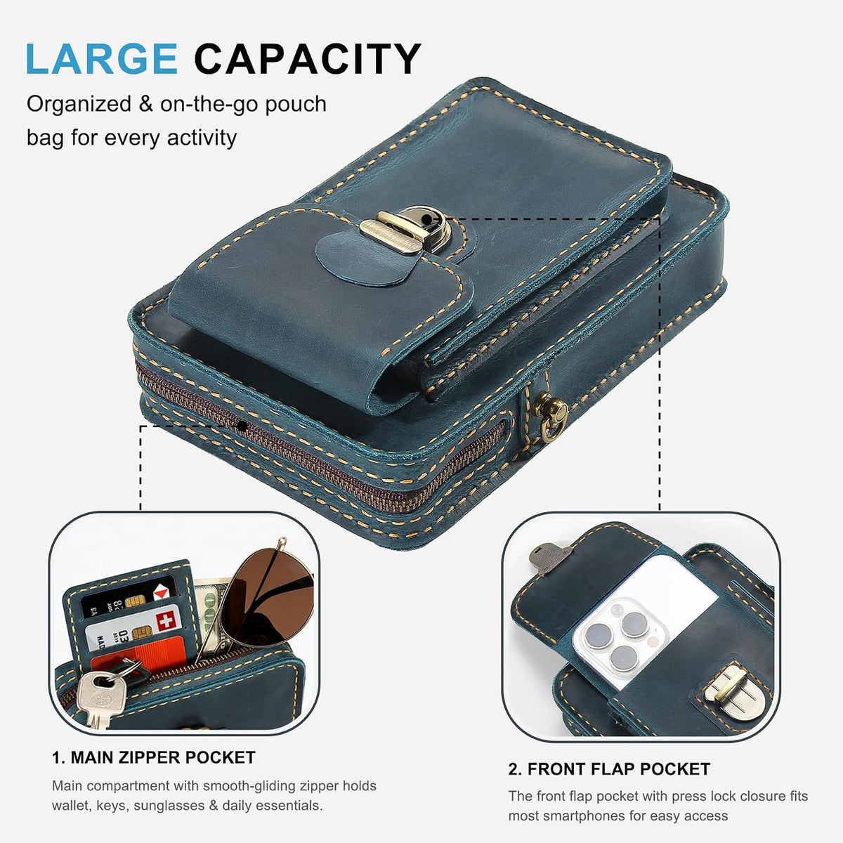 Handmade Genuine Leather Crossbody Phone Bag, Small Belt Pouch with Card Slots, Slim Phone Holster Case for Men & Women