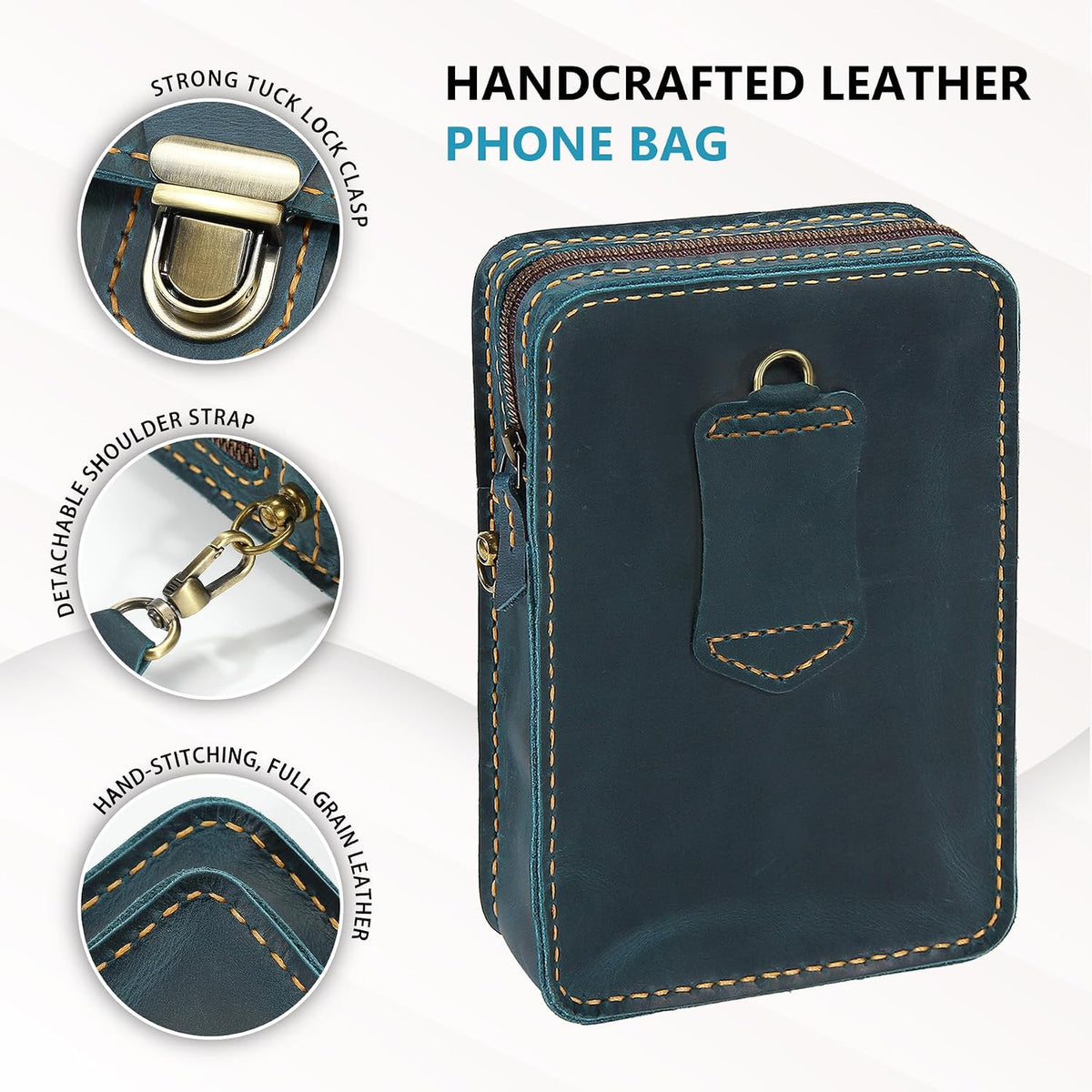 Handmade Genuine Leather Crossbody Phone Bag, Small Belt Pouch with Card Slots, Slim Phone Holster Case for Men & Women