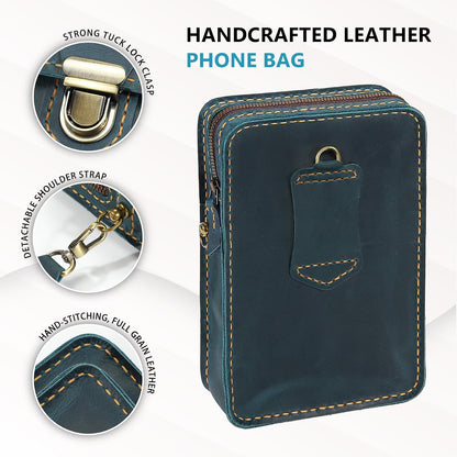 Handmade Genuine Leather Crossbody Phone Bag, Small Belt Pouch with Card Slots, Slim Phone Holster Case for Men & Women