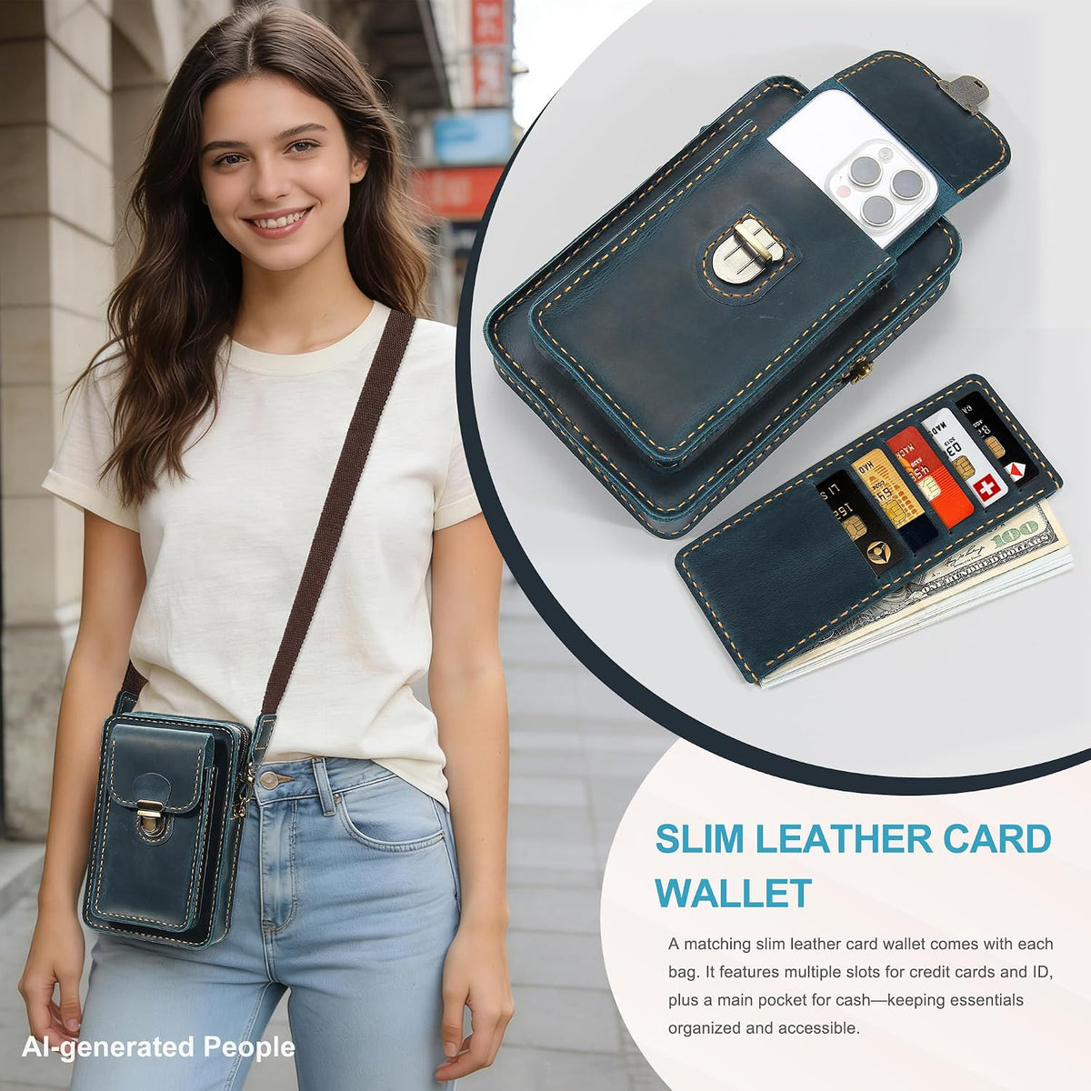 Handmade Genuine Leather Crossbody Phone Bag, Small Belt Pouch with Card Slots, Slim Phone Holster Case for Men & Women