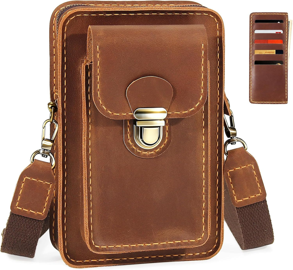 Handmade Genuine Leather Crossbody Phone Bag, Small Belt Pouch with Card Slots, Slim Phone Holster Case for Men & Women