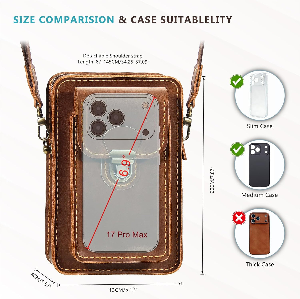 Handmade Genuine Leather Crossbody Phone Bag, Small Belt Pouch with Card Slots, Slim Phone Holster Case for Men & Women
