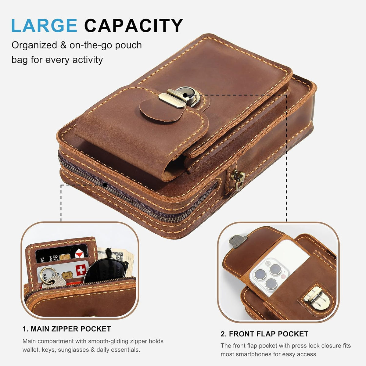 Handmade Genuine Leather Crossbody Phone Bag, Small Belt Pouch with Card Slots, Slim Phone Holster Case for Men & Women