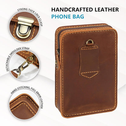 Handmade Genuine Leather Crossbody Phone Bag, Small Belt Pouch with Card Slots, Slim Phone Holster Case for Men & Women