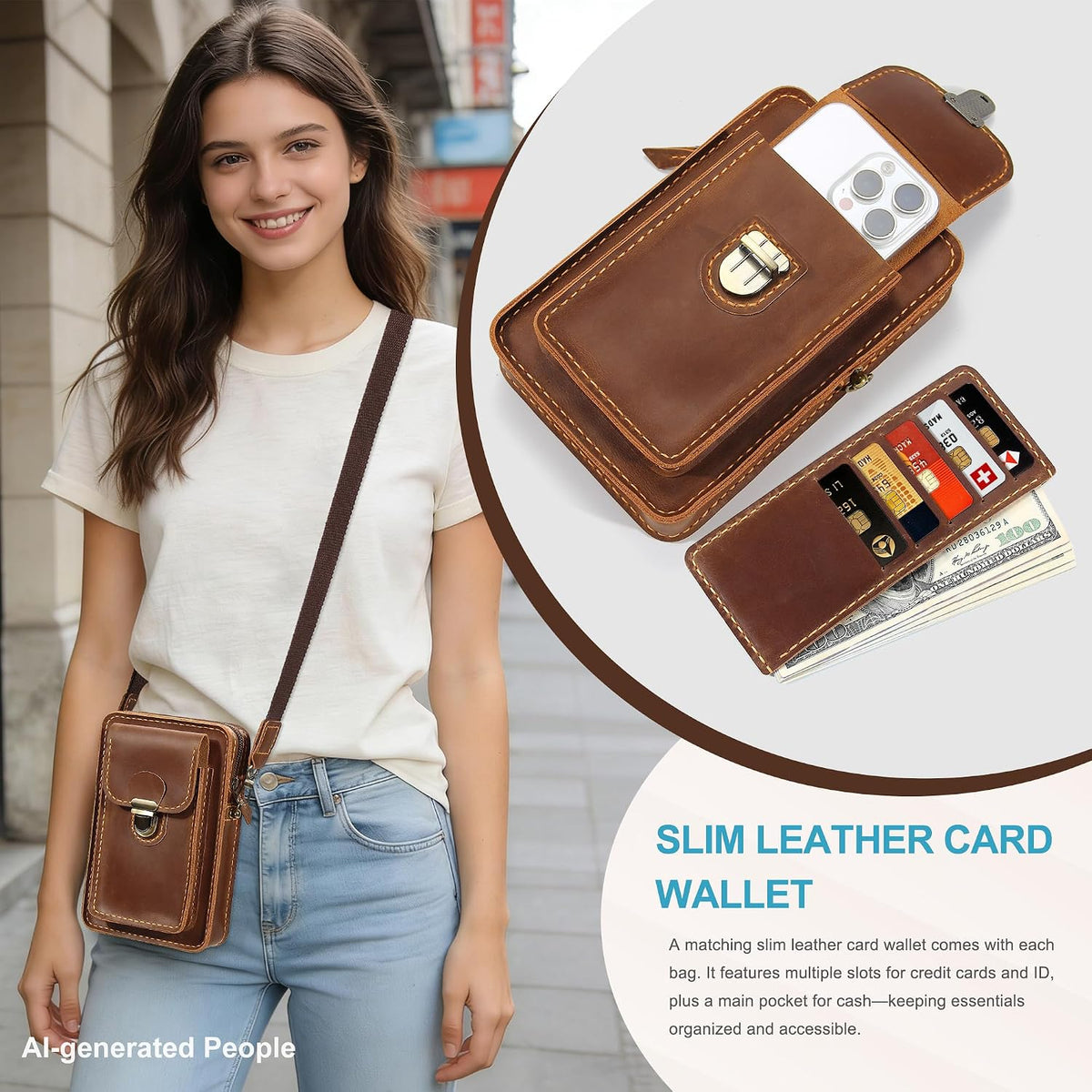 Handmade Genuine Leather Crossbody Phone Bag, Small Belt Pouch with Card Slots, Slim Phone Holster Case for Men & Women