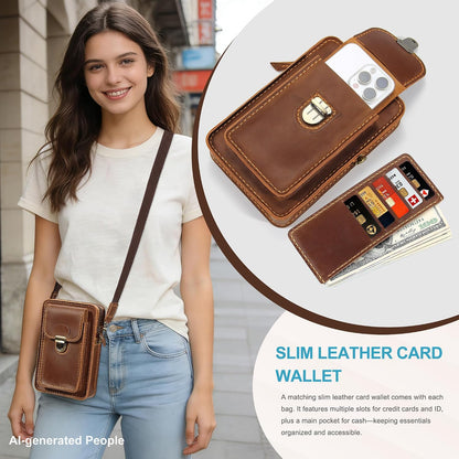 Handmade Genuine Leather Crossbody Phone Bag, Small Belt Pouch with Card Slots, Slim Phone Holster Case for Men & Women