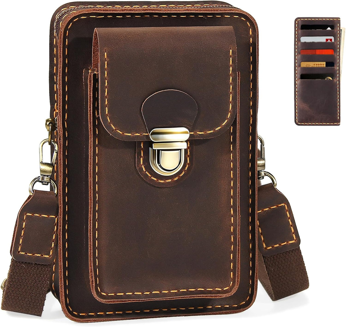 Handmade Genuine Leather Crossbody Phone Bag, Small Belt Pouch with Card Slots, Slim Phone Holster Case for Men & Women