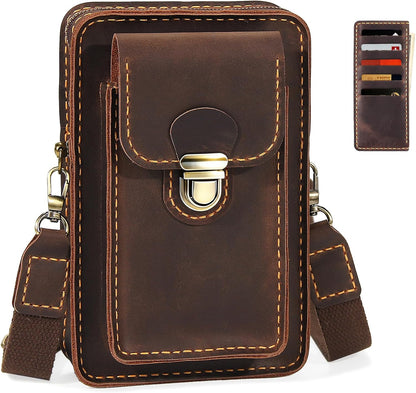 Handmade Genuine Leather Crossbody Phone Bag, Small Belt Pouch with Card Slots, Slim Phone Holster Case for Men & Women